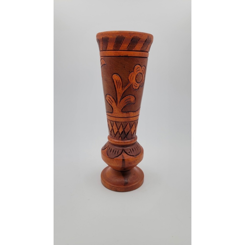 Vintage‎ Intricately Carved Wood Vase 8" tall Rare